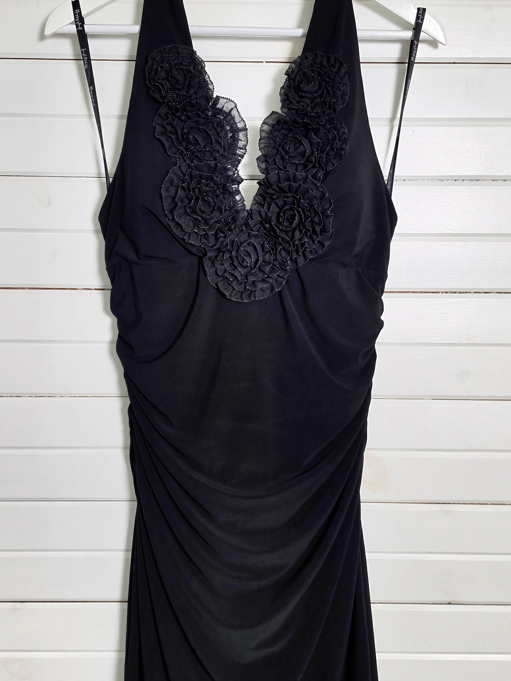 Joseph Ribkoff Black Halter Cocktail Dress Ruched Rosette Floral V-Neck 10 Y2K S
